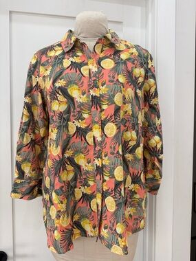 Intro Tropical Citrus Button-Up Shirt in Coral and Yellow NWT Medium